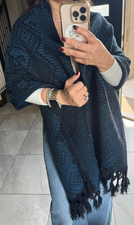 Mexican Rebozo – Black | Dark Blue Shawl from Puebla | 80×28 in | CasaArtMex