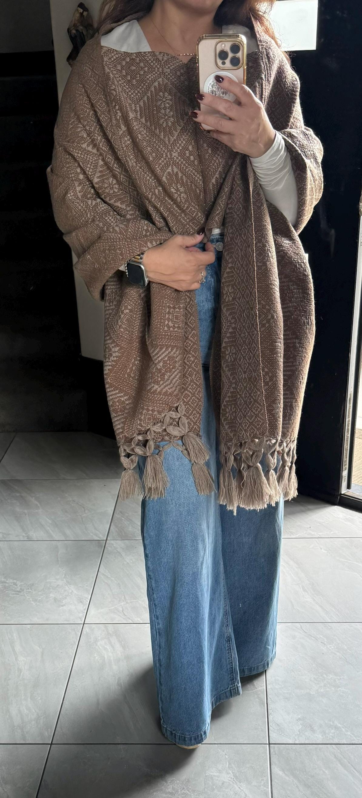 Mexican Rebozo with Pechera – Khaki | Brown | Mocha Shawl from Puebla | 80×28 in | CasaArtMex