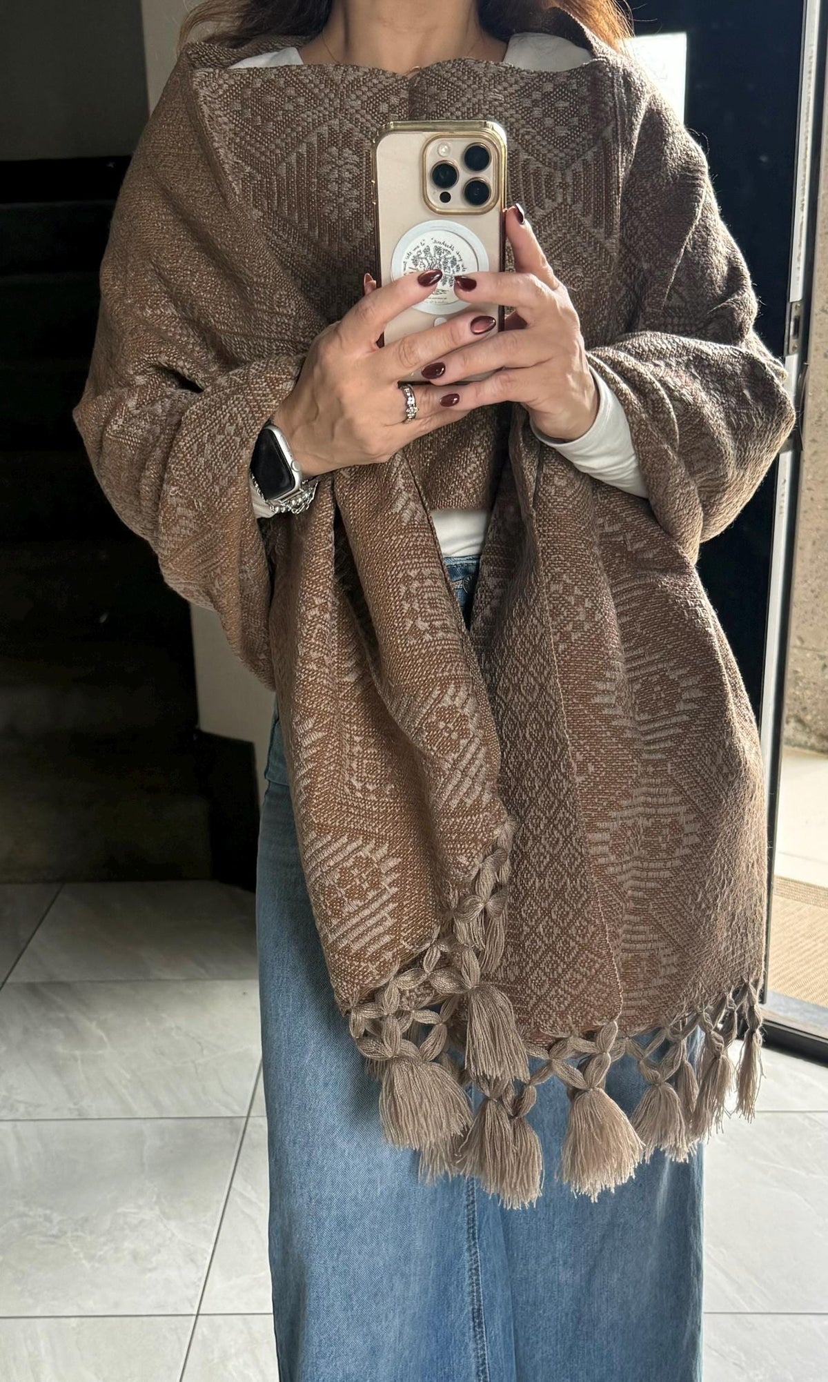 Mexican Rebozo with Pechera – Khaki | Brown | Mocha Shawl from Puebla | 80×28 in | CasaArtMex