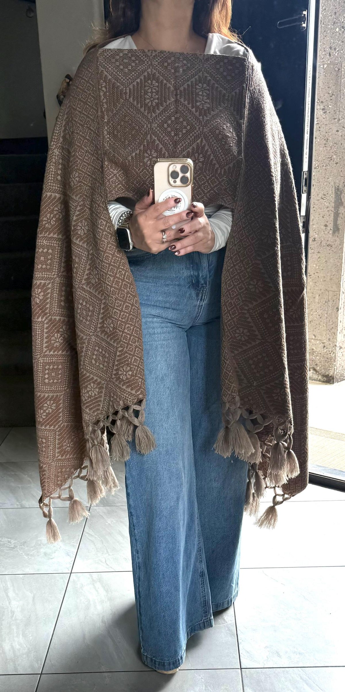 Mexican Rebozo with Pechera – Khaki | Brown | Mocha Shawl from Puebla | 80×28 in | CasaArtMex