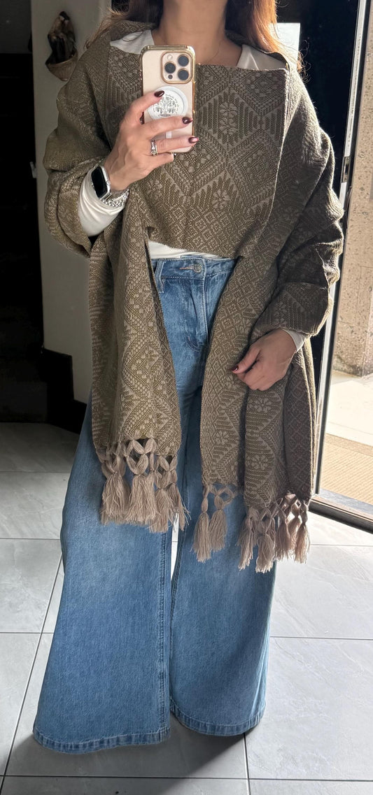 Mexican Rebozo with Pechera – Khaki | Green | Shawl from Puebla | 80×28 in | CasaArtMex