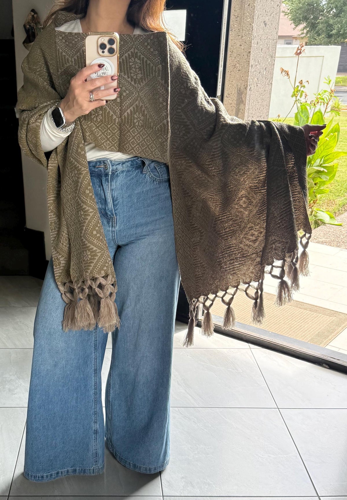 Mexican Rebozo with Pechera – Khaki | Green | Shawl from Puebla | 80×28 in | CasaArtMex