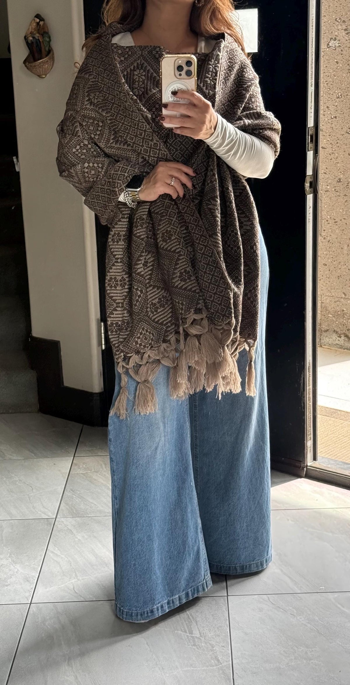 Mexican Rebozo with Pechera – Khaki | Dark Brown | Shawl from Puebla | 80×28 in | CasaArtMex