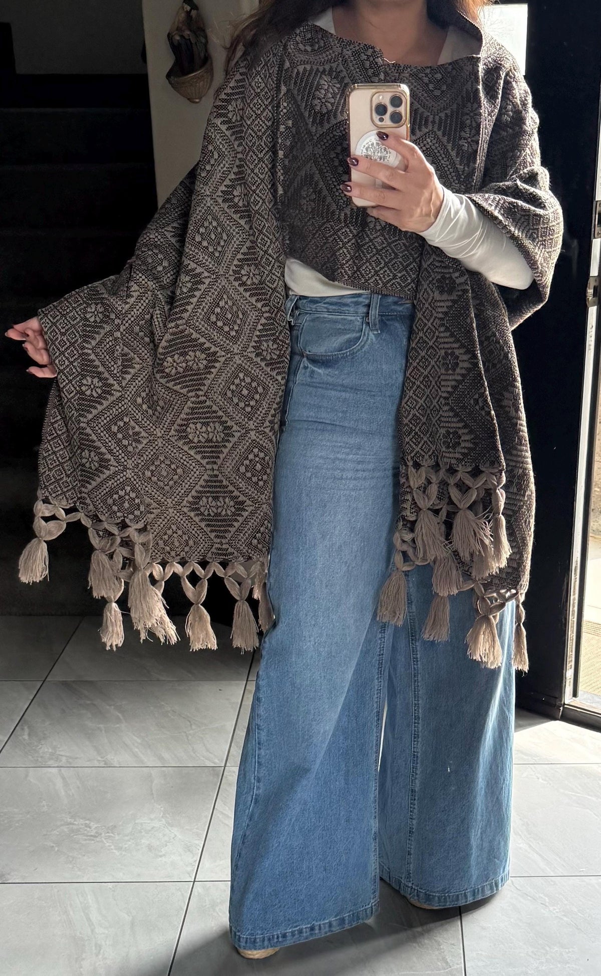 Mexican Rebozo with Pechera – Khaki | Dark Brown | Shawl from Puebla | 80×28 in | CasaArtMex