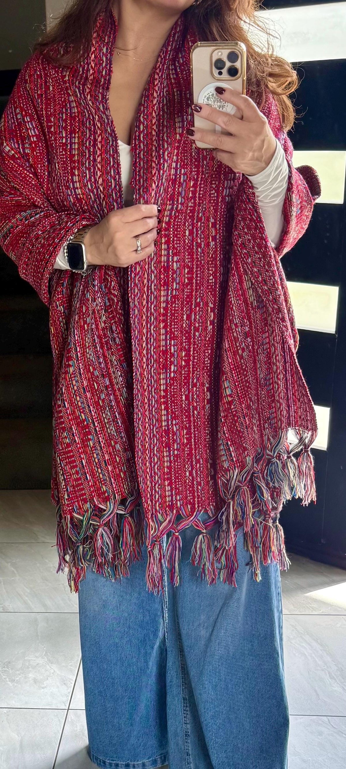 Mexican Rebozo – Multicolor | Red | Shawl from Puebla | 80×28 in | CasaArtMex