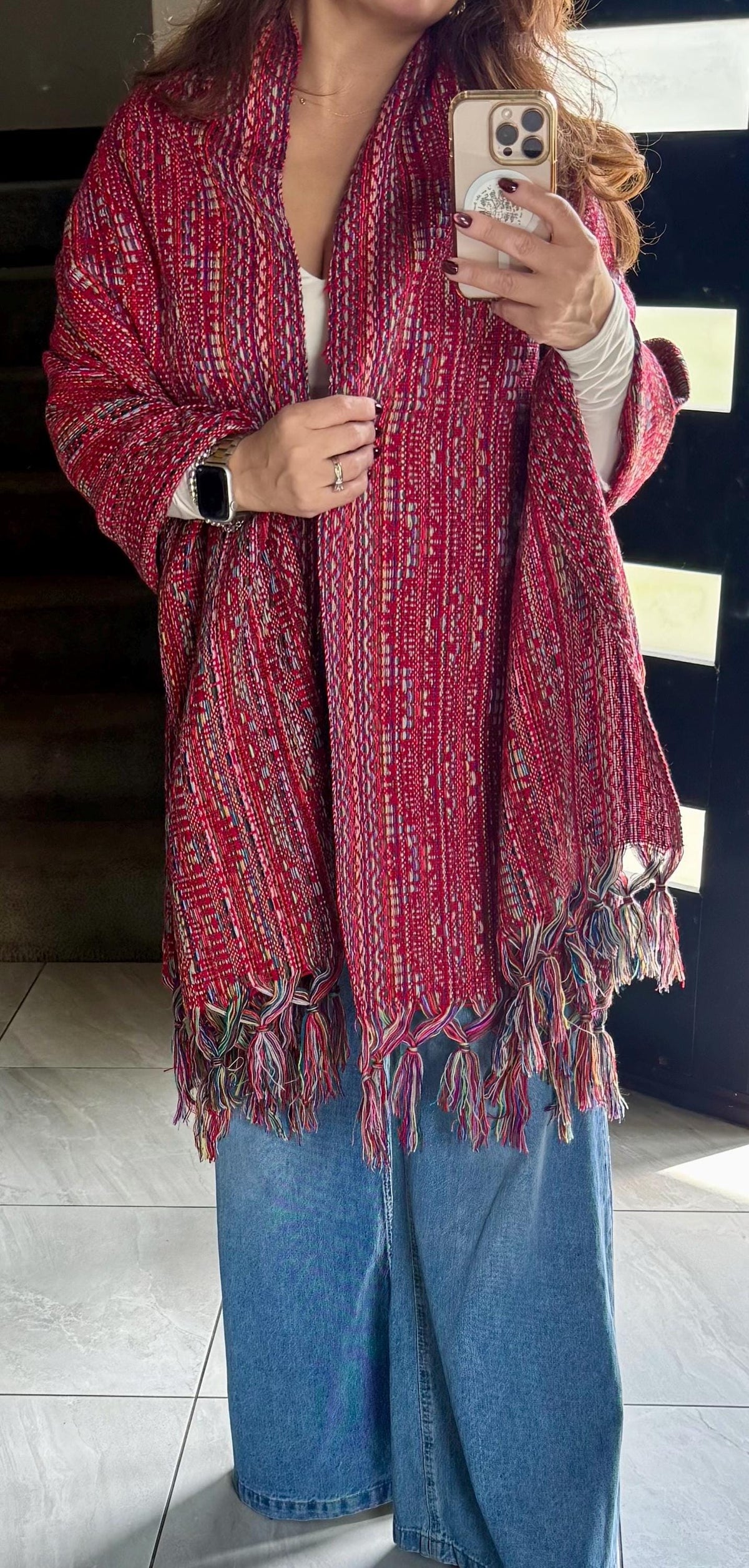 Mexican Rebozo – Multicolor | Red | Shawl from Puebla | 80×28 in | CasaArtMex