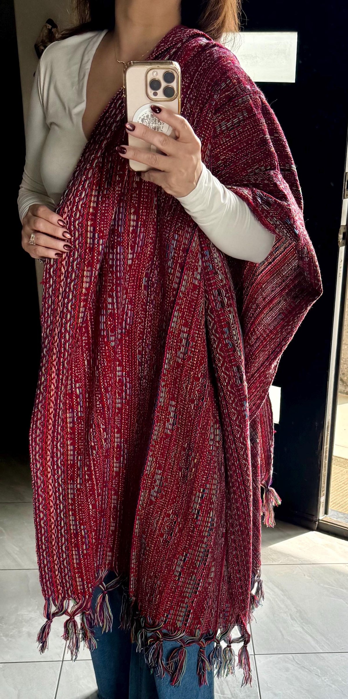 Mexican Rebozo – Multicolor | Red | Shawl from Puebla | 80×28 in | CasaArtMex