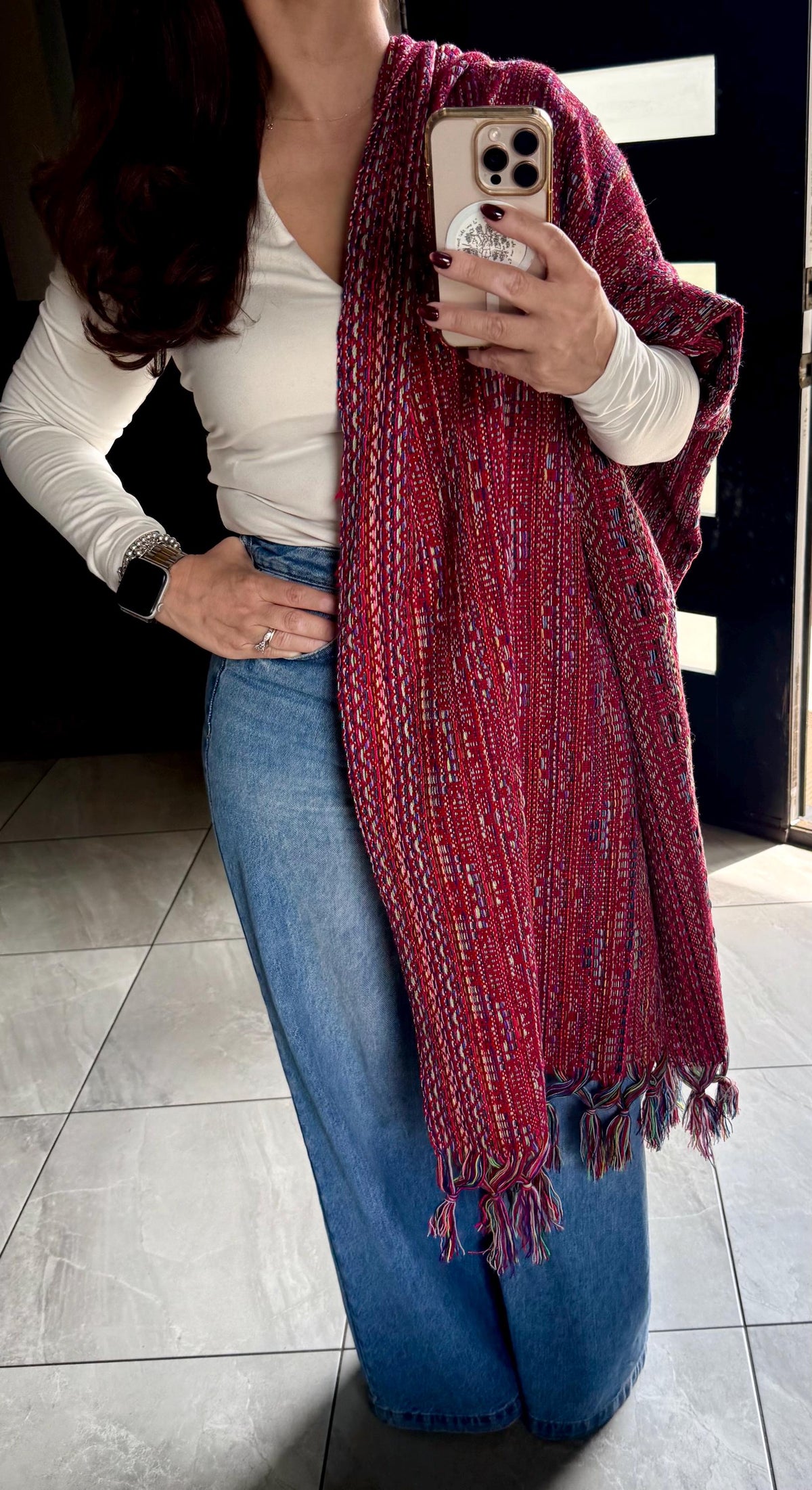 Mexican Rebozo – Multicolor | Red | Shawl from Puebla | 80×28 in | CasaArtMex