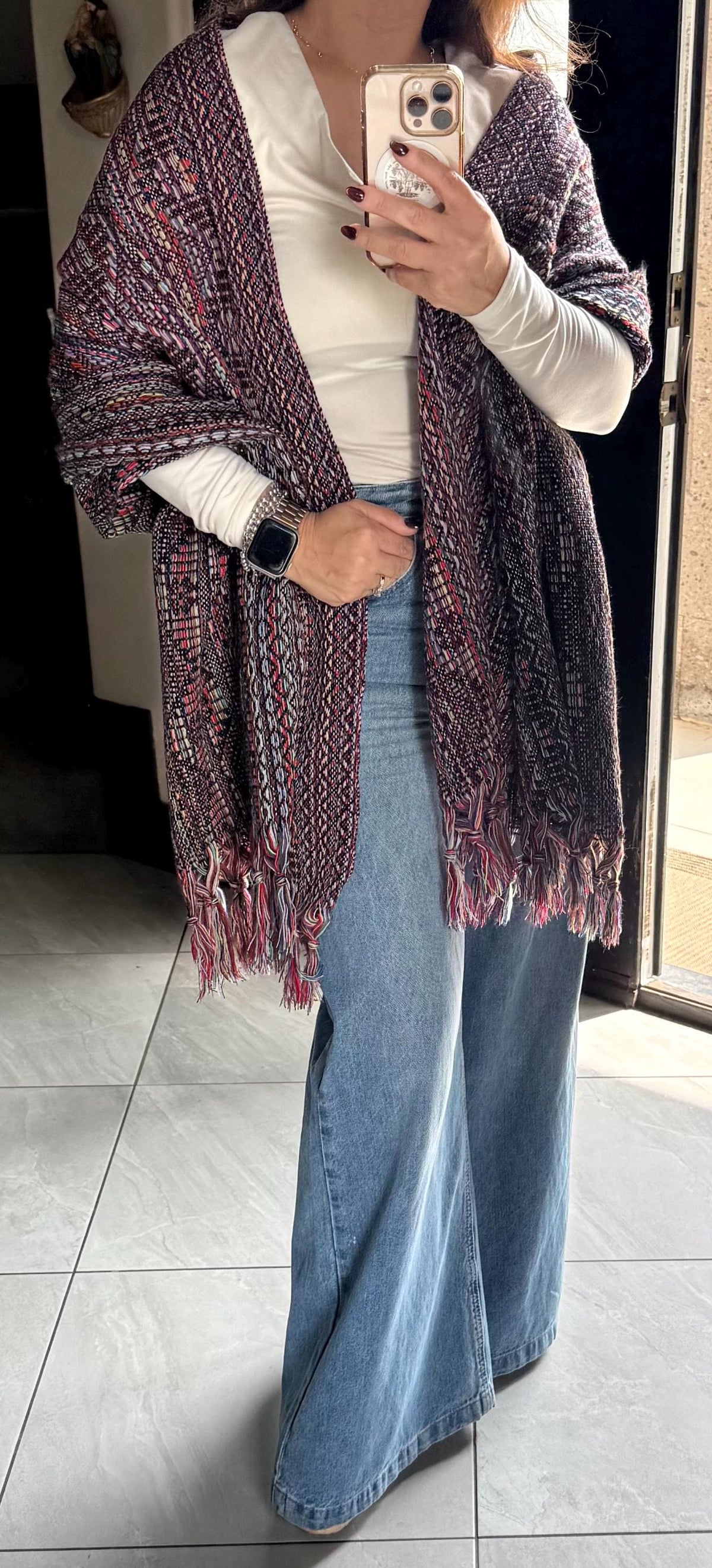Mexican Rebozo – Multicolor | Black | Shawl from Puebla | 80×28 in | CasaArtMex