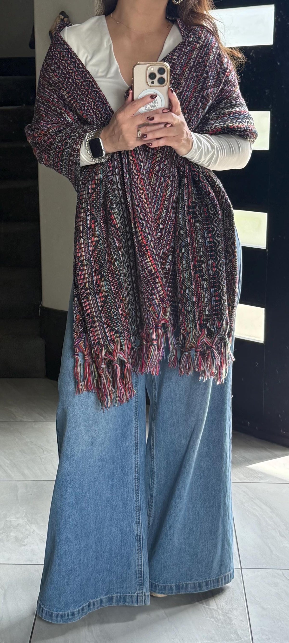 Mexican Rebozo – Multicolor | Black | Shawl from Puebla | 80×28 in | CasaArtMex
