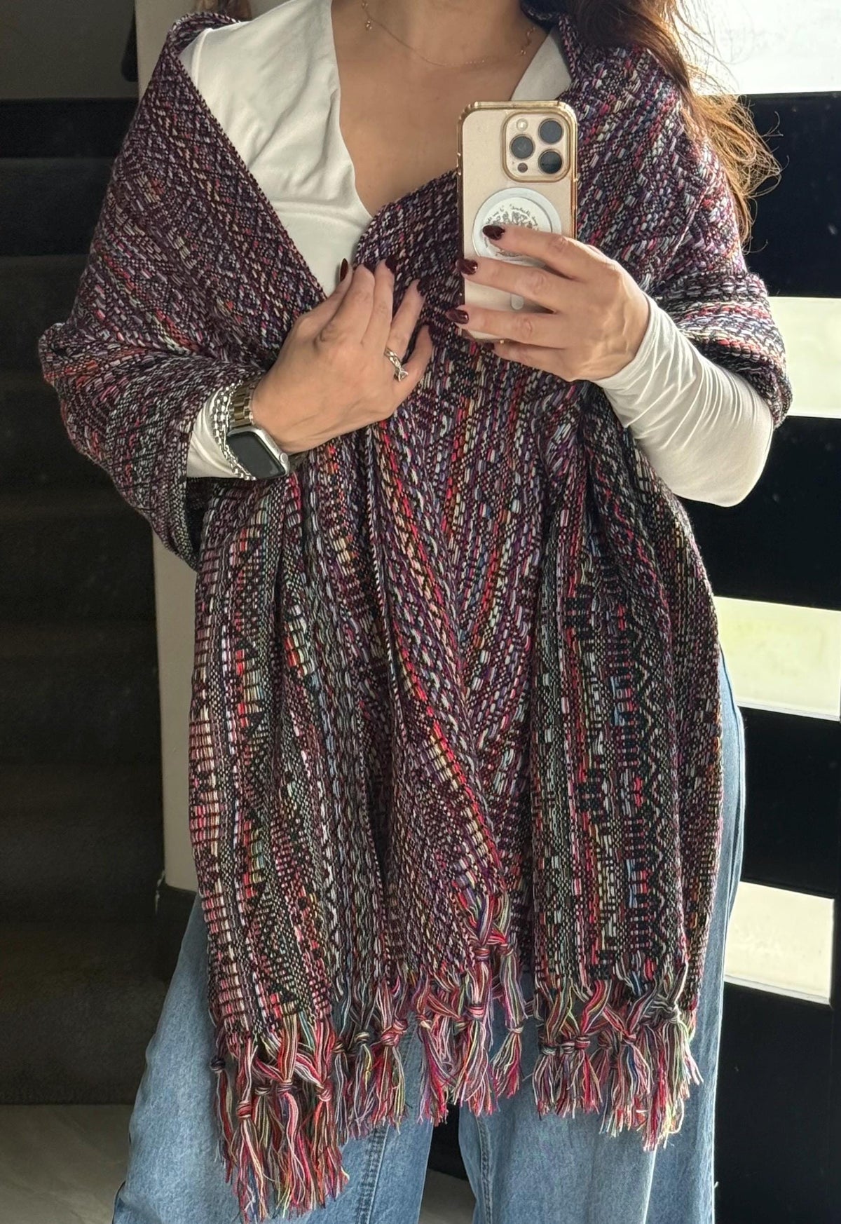 Mexican Rebozo – Multicolor | Black | Shawl from Puebla | 80×28 in | CasaArtMex