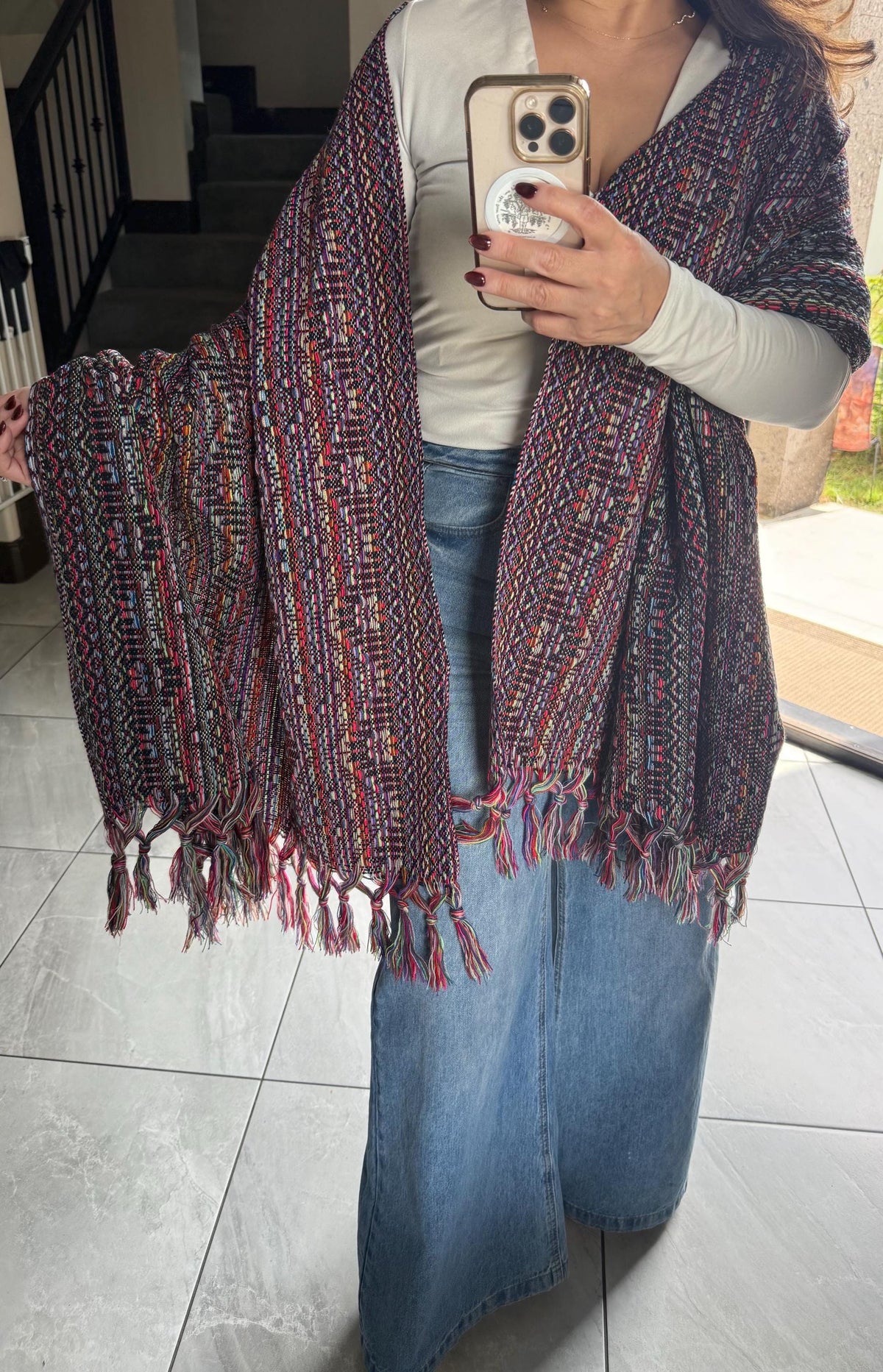Mexican Rebozo – Multicolor | Black | Shawl from Puebla | 80×28 in | CasaArtMex