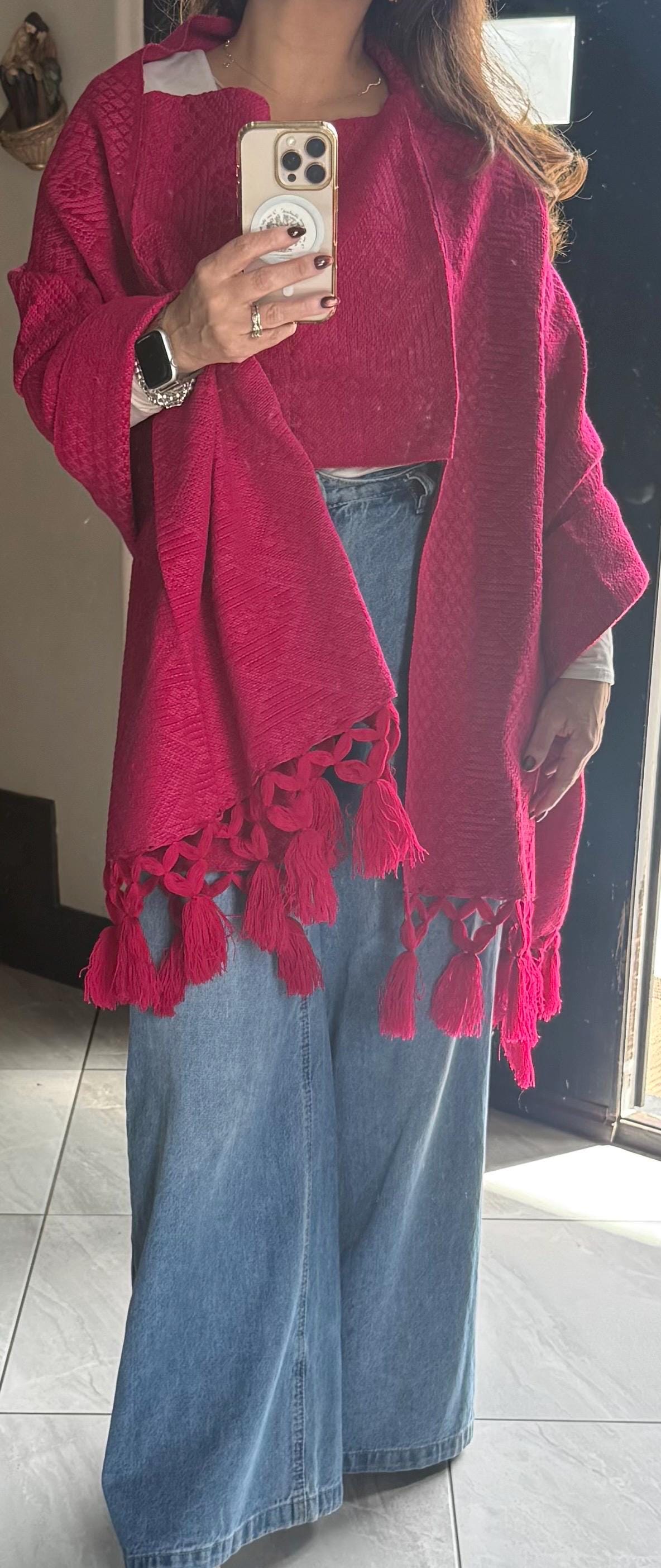 Mexican Rebozo with Pechera – Pink | Magenta | Shawl from Puebla | 80×28 in | CasaArtMex