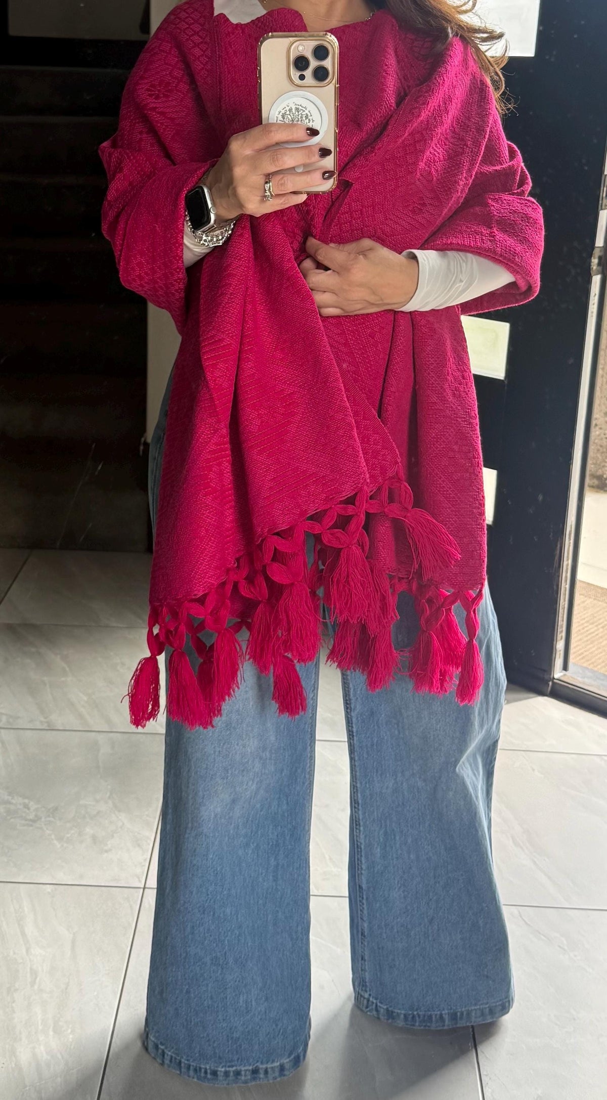 Mexican Rebozo with Pechera – Pink | Magenta | Shawl from Puebla | 80×28 in | CasaArtMex
