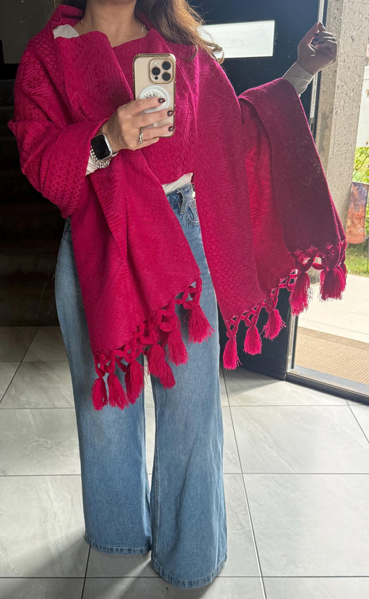 Mexican Rebozo with Pechera – Pink | Magenta | Shawl from Puebla | 80×28 in | CasaArtMex