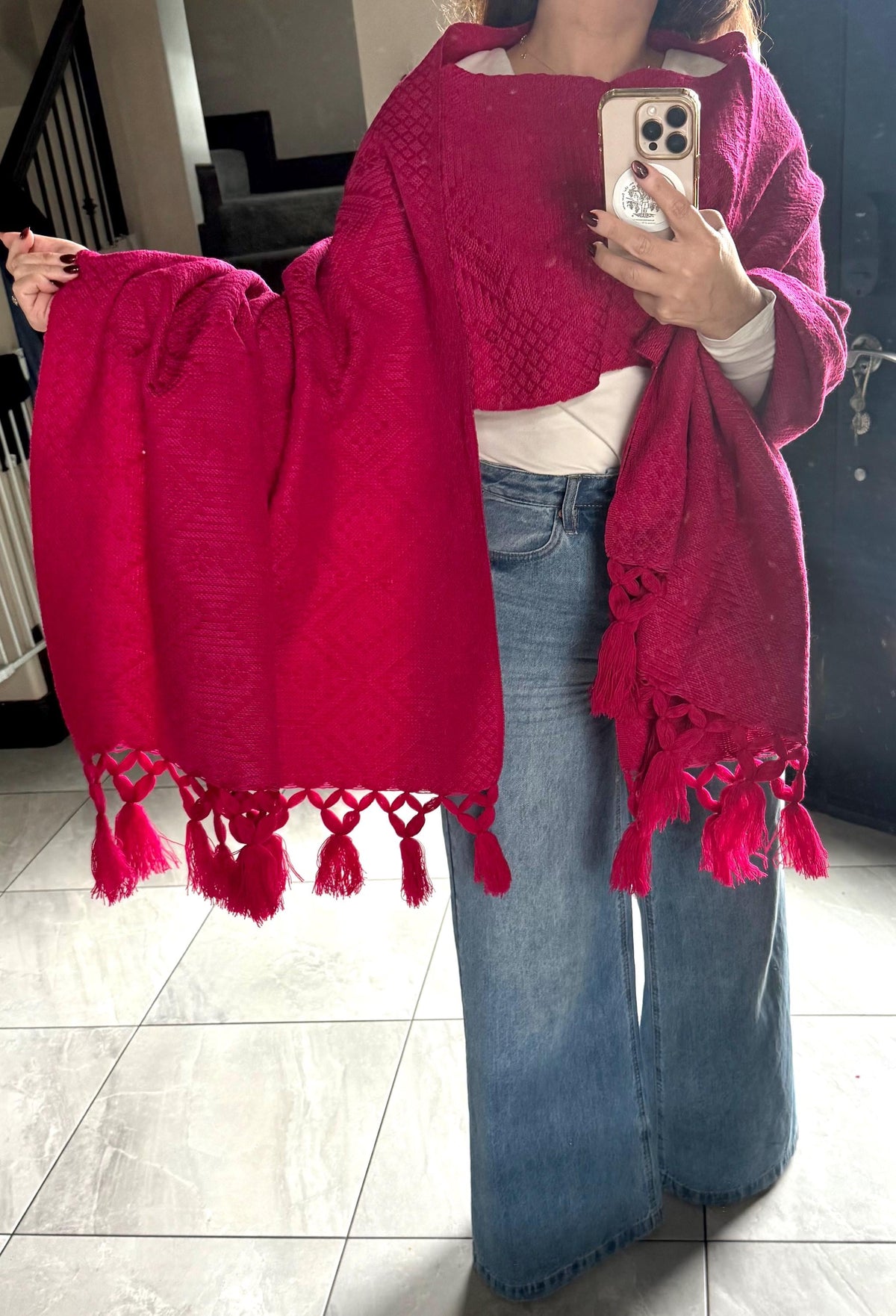 Mexican Rebozo with Pechera – Pink | Magenta | Shawl from Puebla | 80×28 in | CasaArtMex