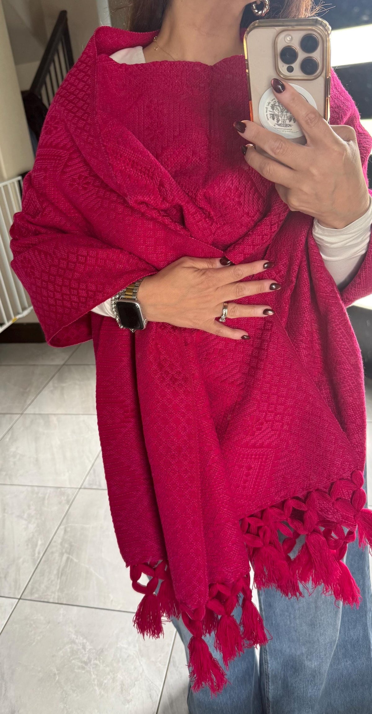 Mexican Rebozo with Pechera – Pink | Magenta | Shawl from Puebla | 80×28 in | CasaArtMex