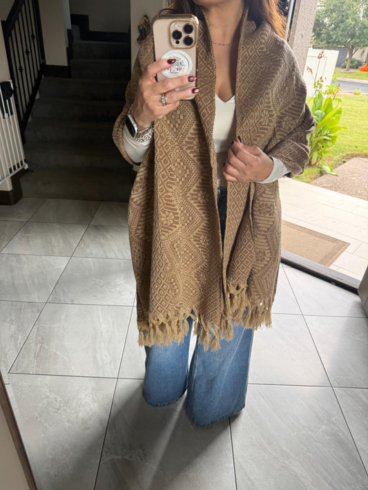 Mexican Rebozo – Khaki | Brown | Ochre Shawl from Puebla | 80×28 in | CasaArtMex