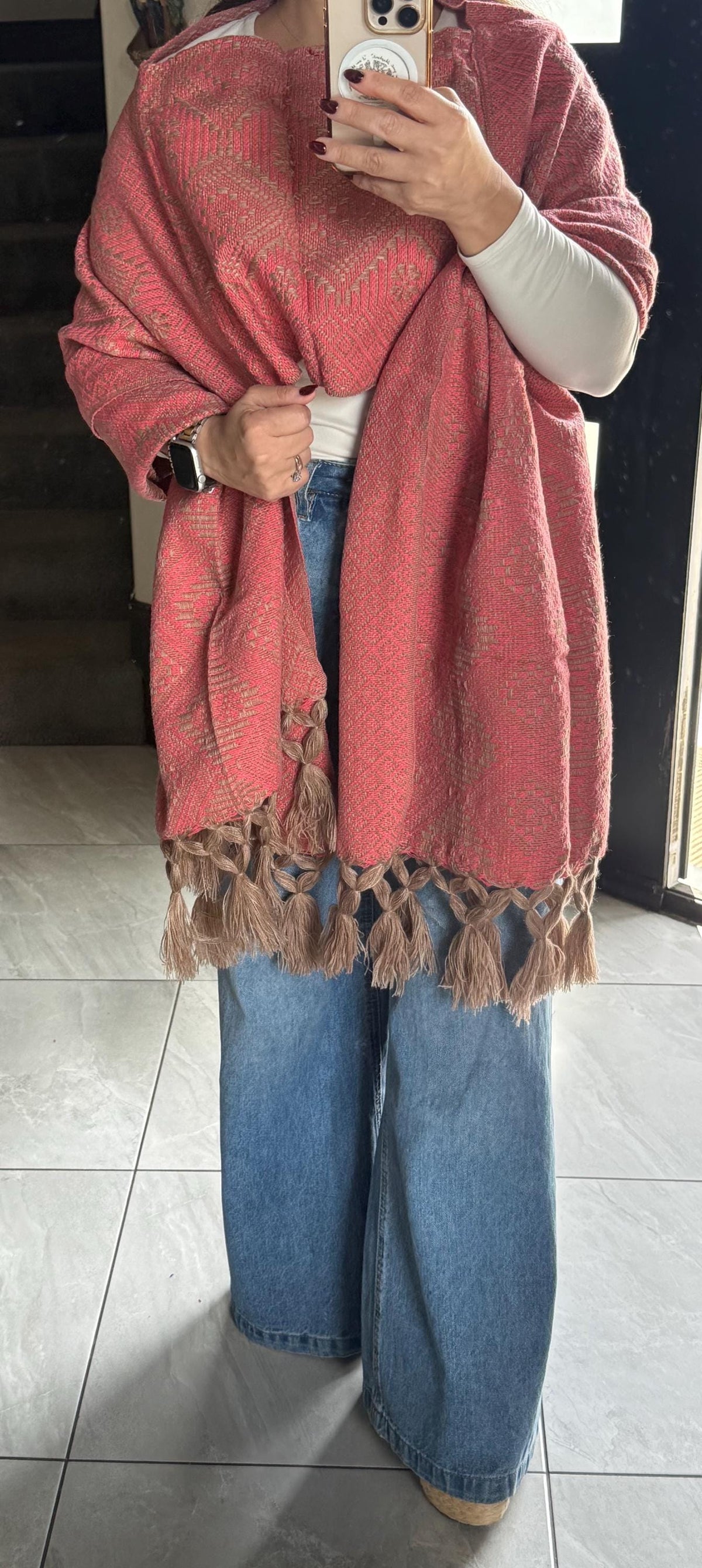 Mexican Rebozo with Pechera – Khaki | Pink | Shawl from Puebla | 80×28 in | CasaArtMex