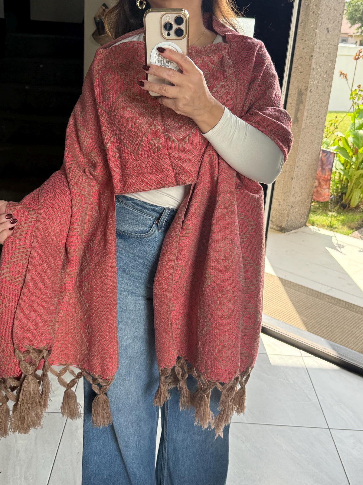 Mexican Rebozo with Pechera – Khaki | Pink | Shawl from Puebla | 80×28 in | CasaArtMex