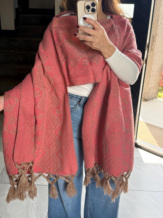 Mexican Rebozo with Pechera – Khaki | Pink | Shawl from Puebla | 80×28 in | CasaArtMex