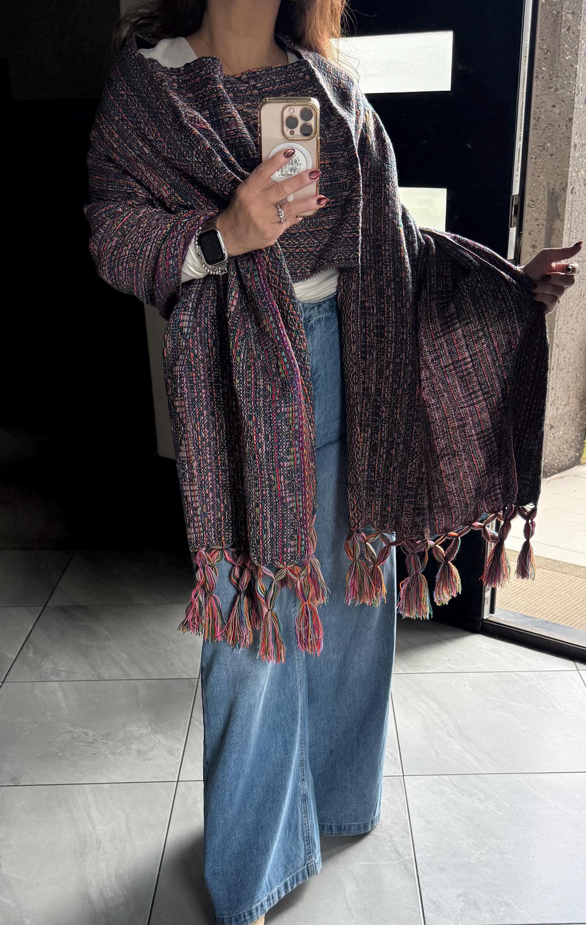 Mexican Rebozo with Pechera – Dark Blue | Multicolor Shawl from Puebla | 80×28 in | CasaArtMex