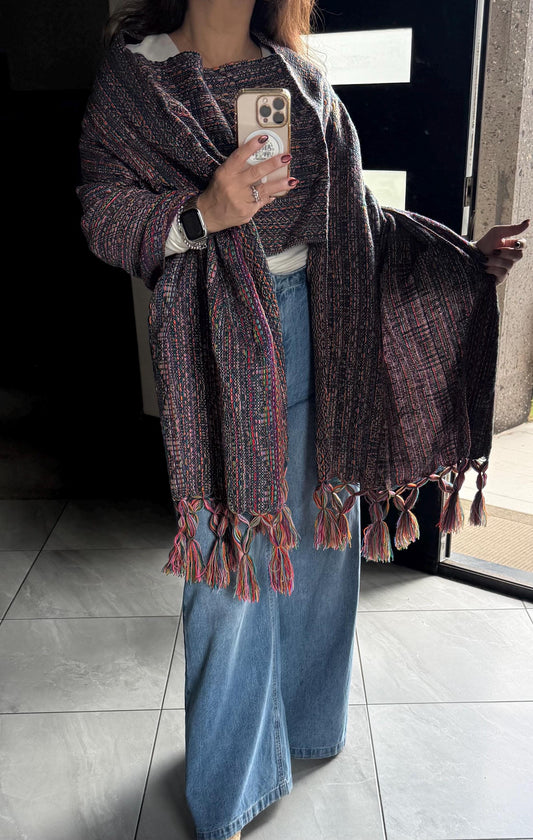 Mexican Rebozo with Pechera – Dark Blue | Multicolor Shawl from Puebla | 80×28 in | CasaArtMex