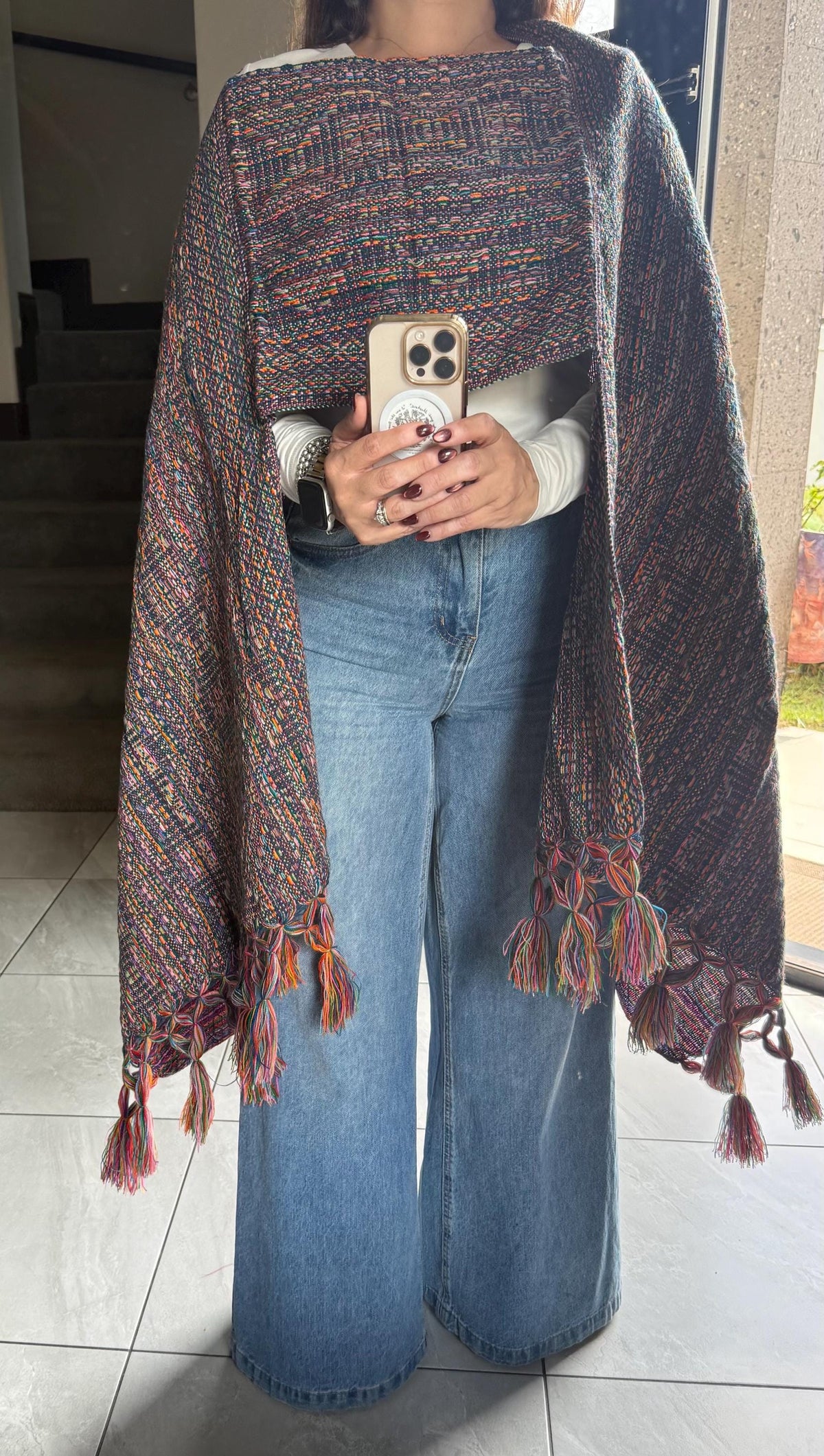 Mexican Rebozo with Pechera – Dark Blue | Multicolor Shawl from Puebla | 80×28 in | CasaArtMex