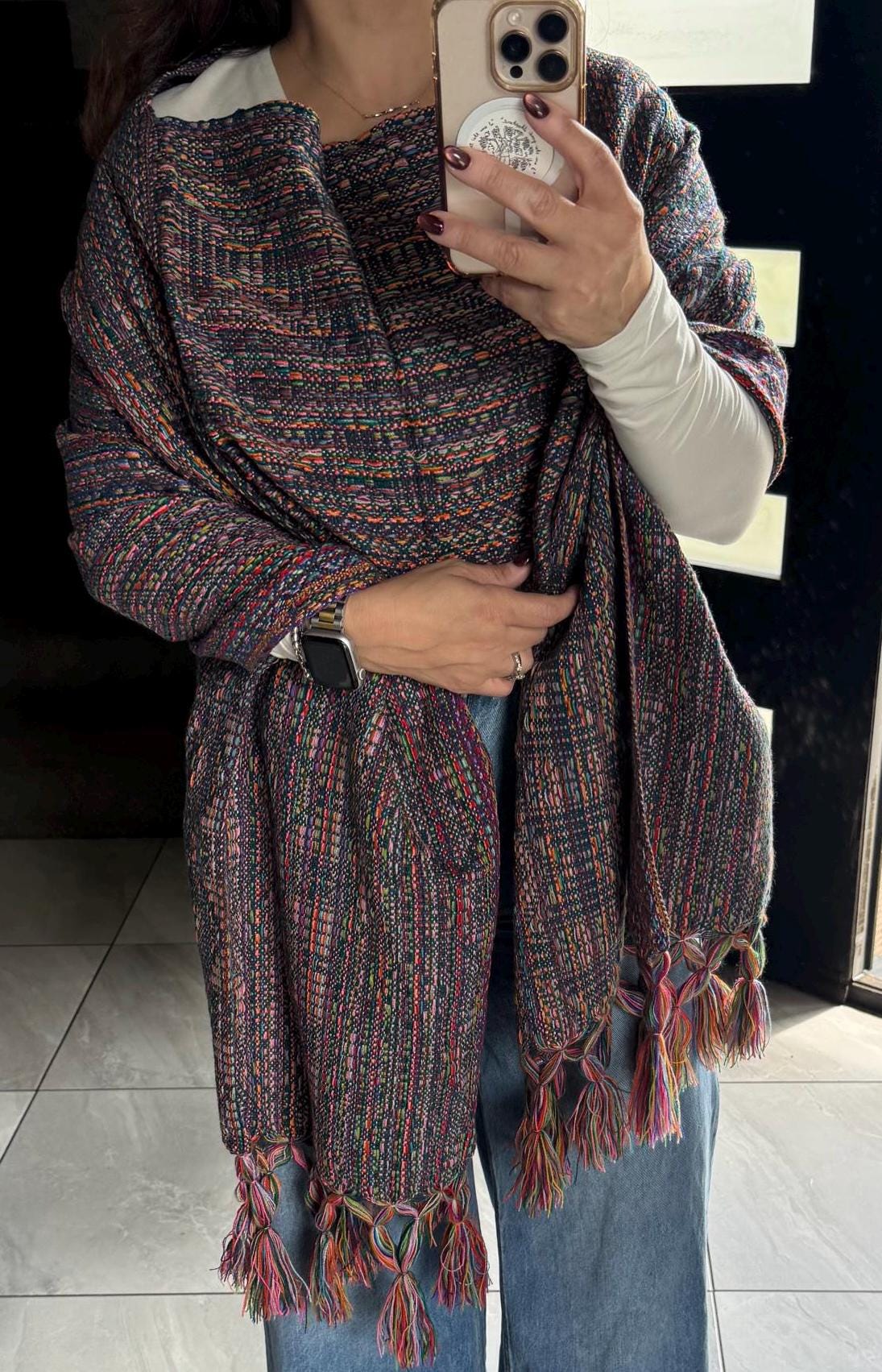 Mexican Rebozo with Pechera – Dark Blue | Multicolor Shawl from Puebla | 80×28 in | CasaArtMex