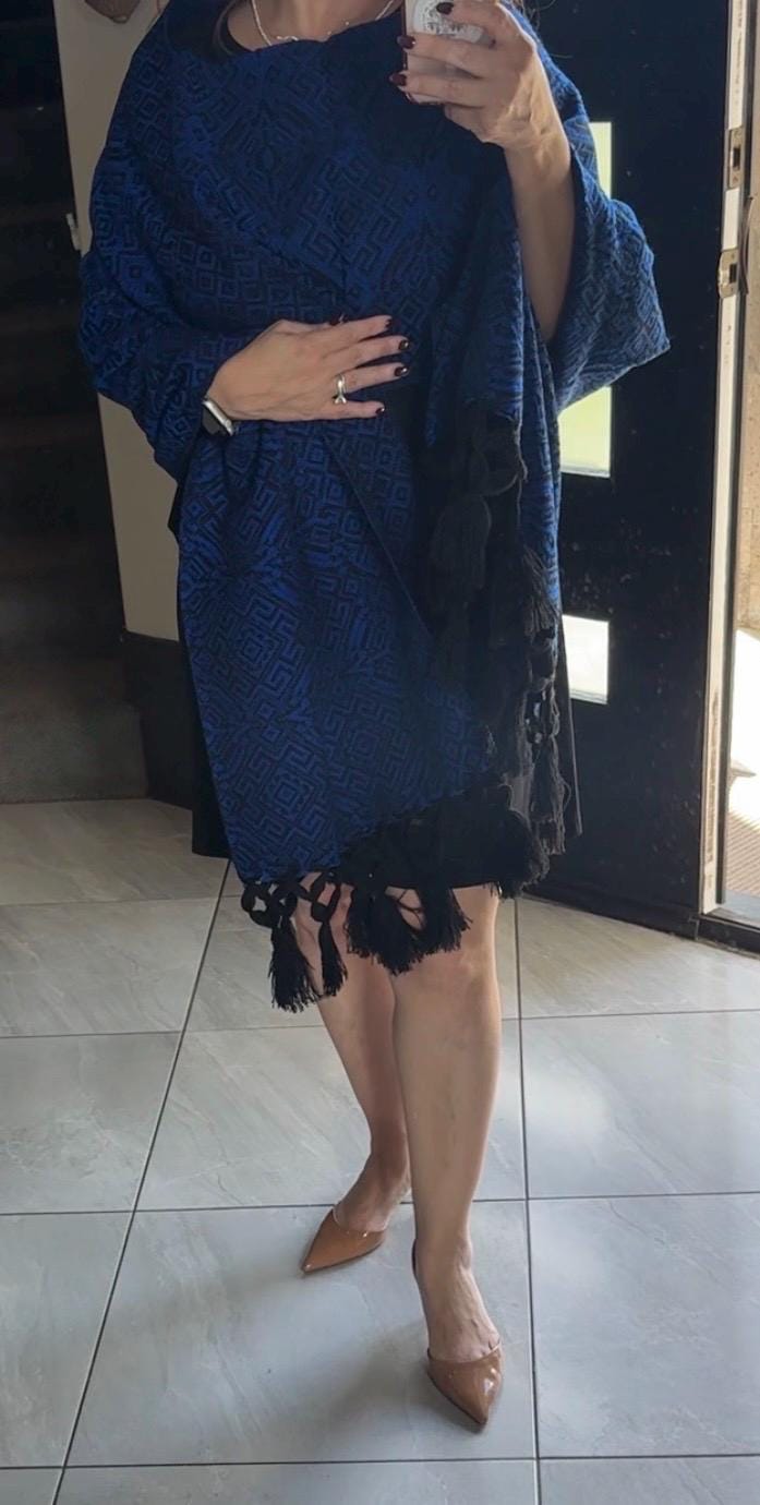 Mexican Rebozo with Pechera – Black | Royal Blue | Shawl from Puebla | 80×28 in | CasaArtMex