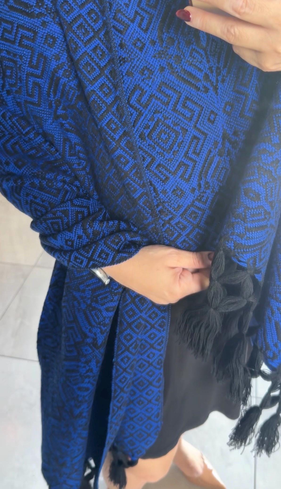 Mexican Rebozo with Pechera – Black | Royal Blue | Shawl from Puebla | 80×28 in | CasaArtMex