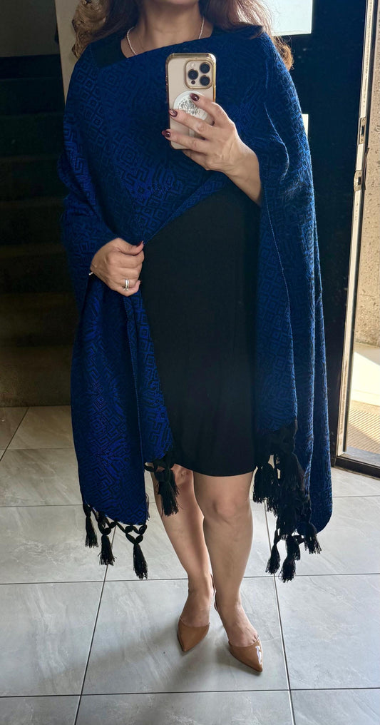 Mexican Rebozo with Pechera – Black | Royal Blue | Shawl from Puebla | 80×28 in | CasaArtMex