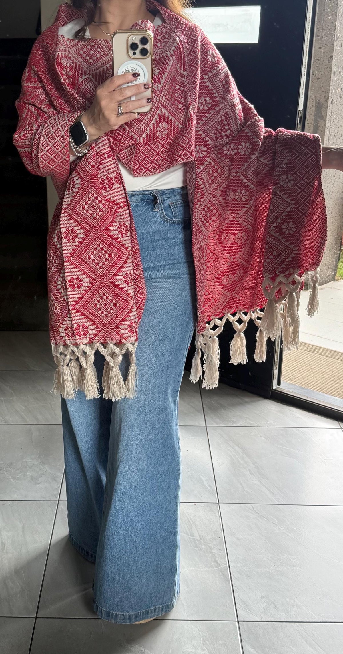 Mexican Rebozo with Pechera – Ivory | Red Shawl from Puebla | 80×28 in | CasaArtMex