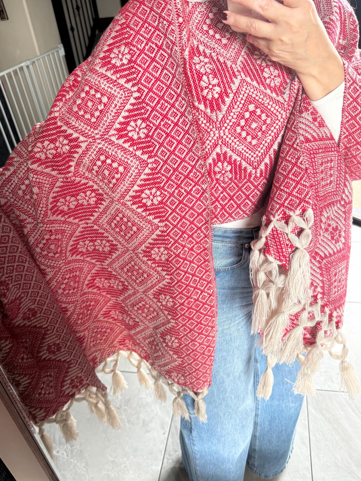 Mexican Rebozo with Pechera – Ivory | Red Shawl from Puebla | 80×28 in | CasaArtMex