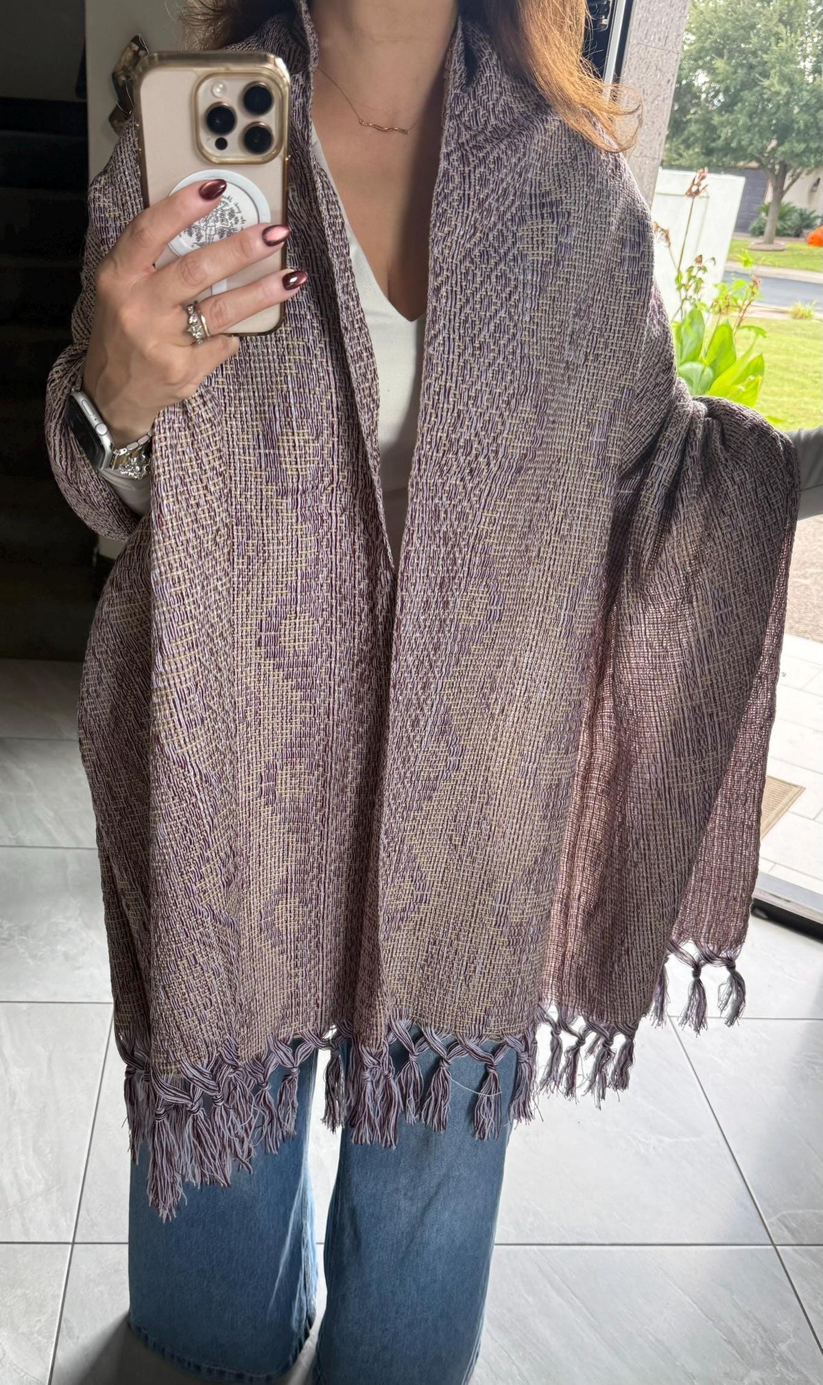 Mexican Rebozo – Multicolor | Burgundy | Khaki | White Shawl from Puebla | 80×28 in | CasaArtMex