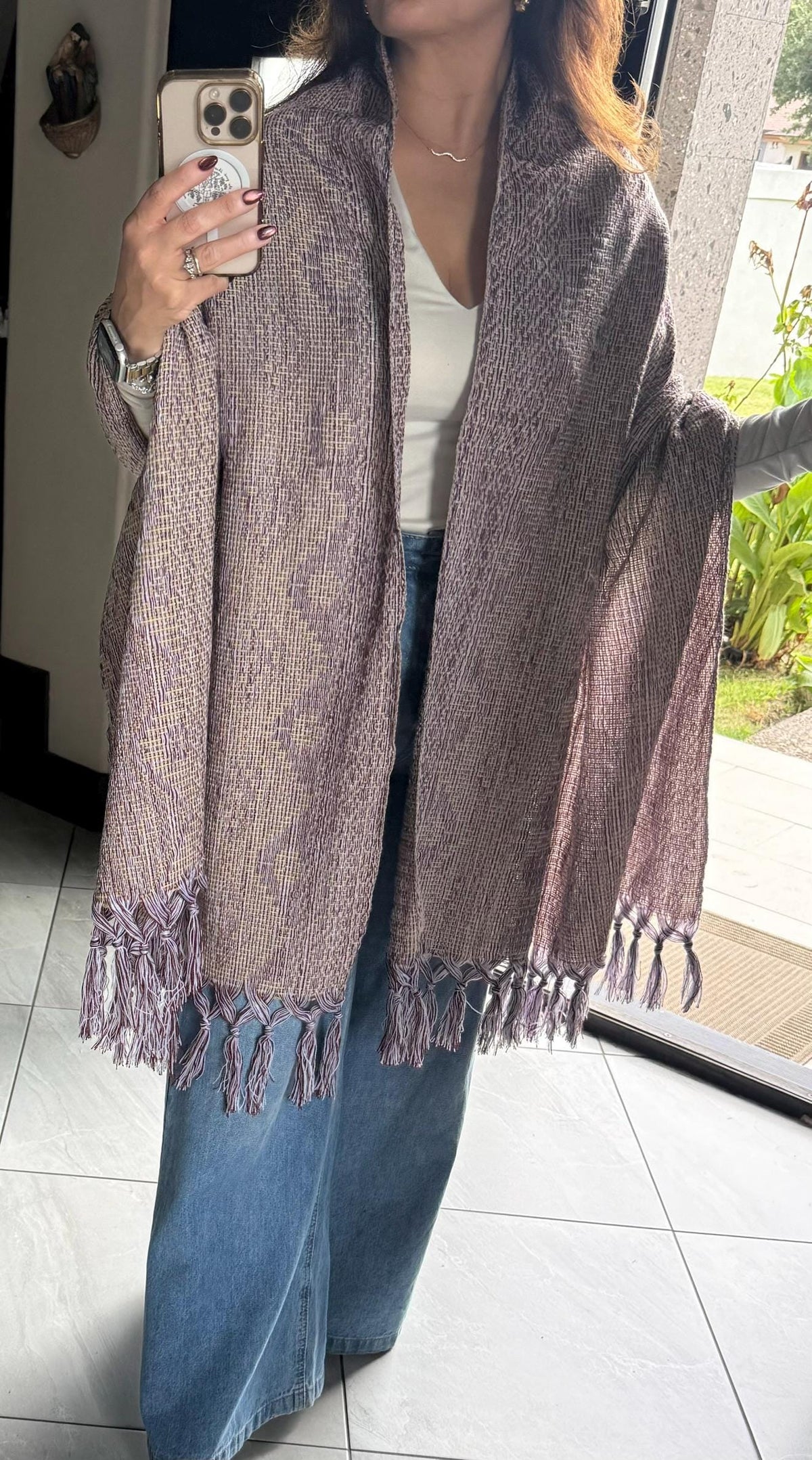 Mexican Rebozo – Multicolor | Burgundy | Khaki | White Shawl from Puebla | 80×28 in | CasaArtMex