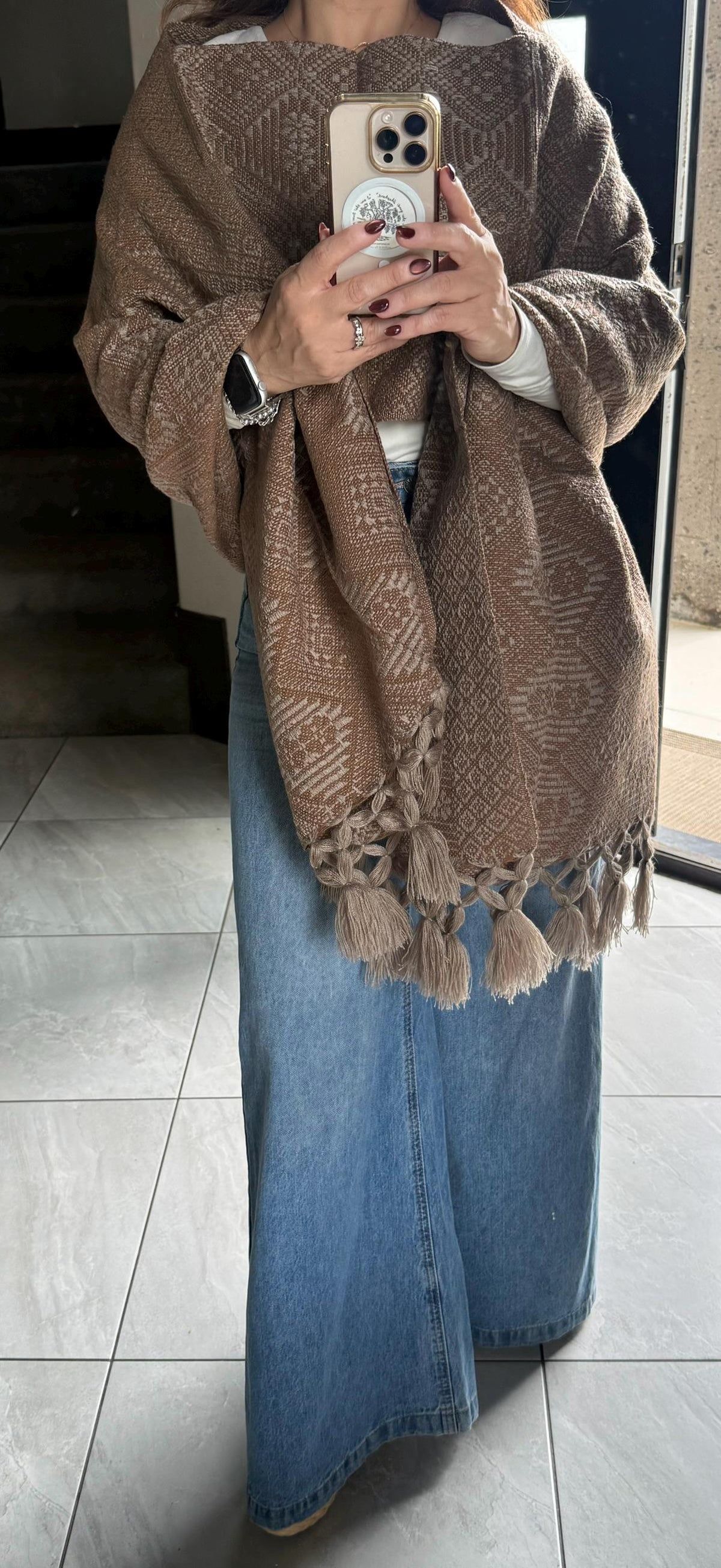 Mexican Rebozo with Pechera – Khaki | Brown | Mocha Shawl from Puebla | 80×28 in | CasaArtMex