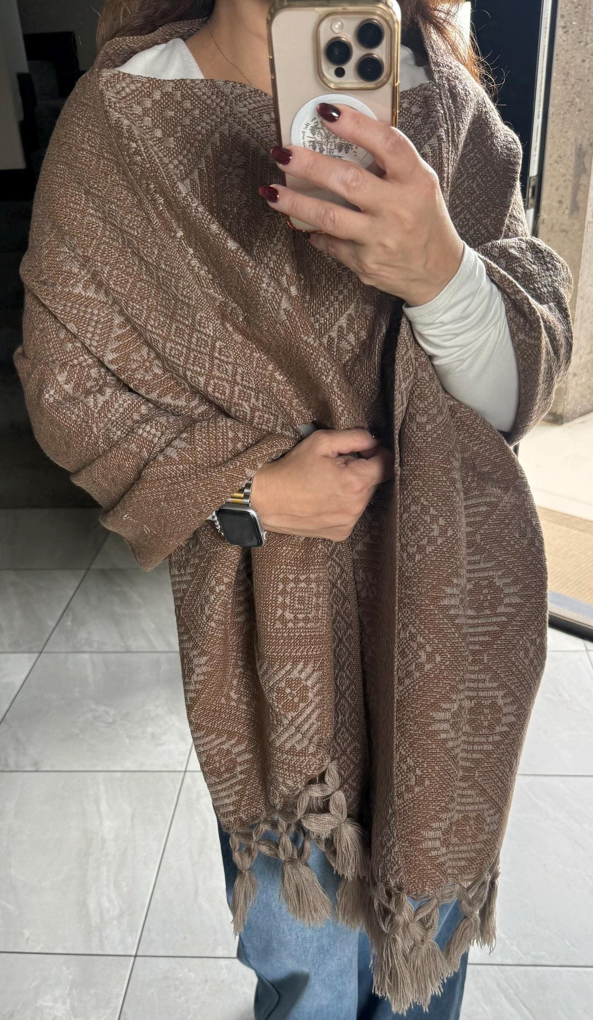 Mexican Rebozo with Pechera – Khaki | Brown | Mocha Shawl from Puebla | 80×28 in | CasaArtMex