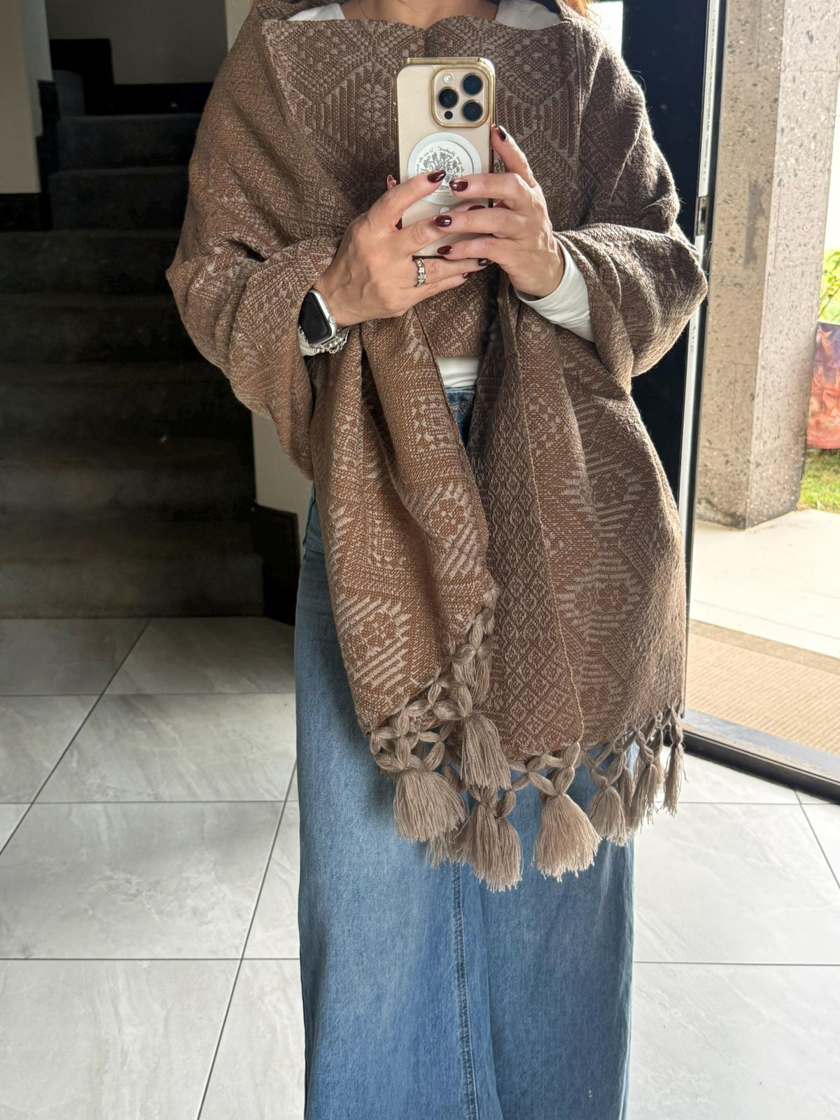 Mexican Rebozo with Pechera – Khaki | Brown | Mocha Shawl from Puebla | 80×28 in | CasaArtMex