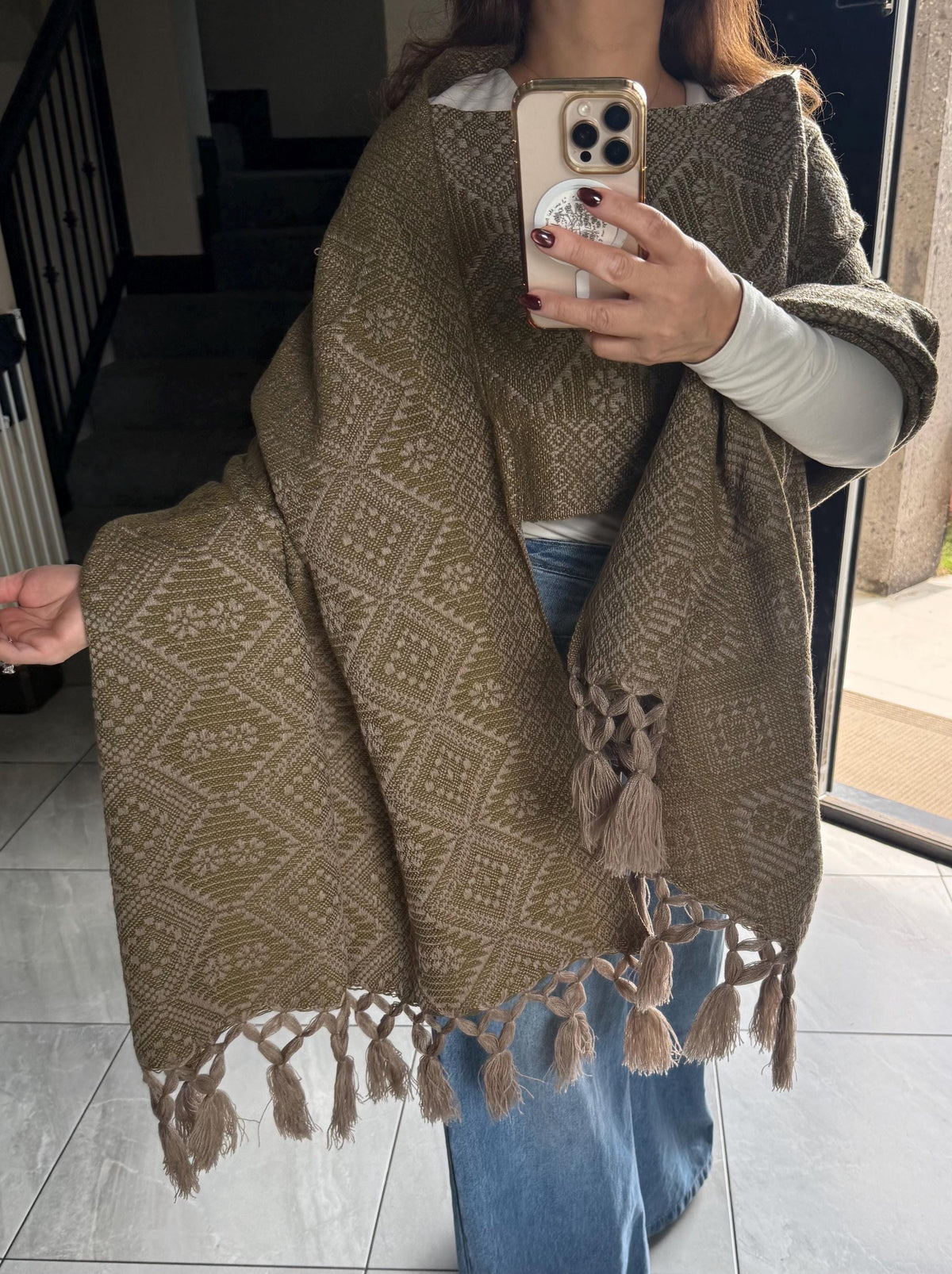 Mexican Rebozo with Pechera – Khaki | Green | Shawl from Puebla | 80×28 in | CasaArtMex
