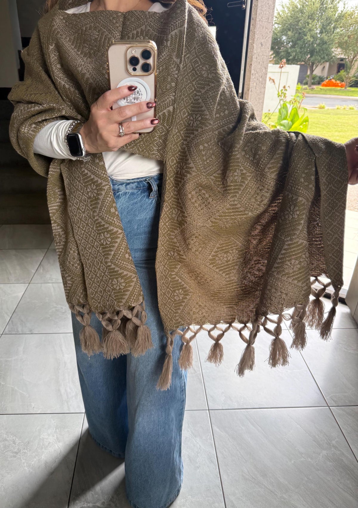 Mexican Rebozo with Pechera – Khaki | Green | Shawl from Puebla | 80×28 in | CasaArtMex