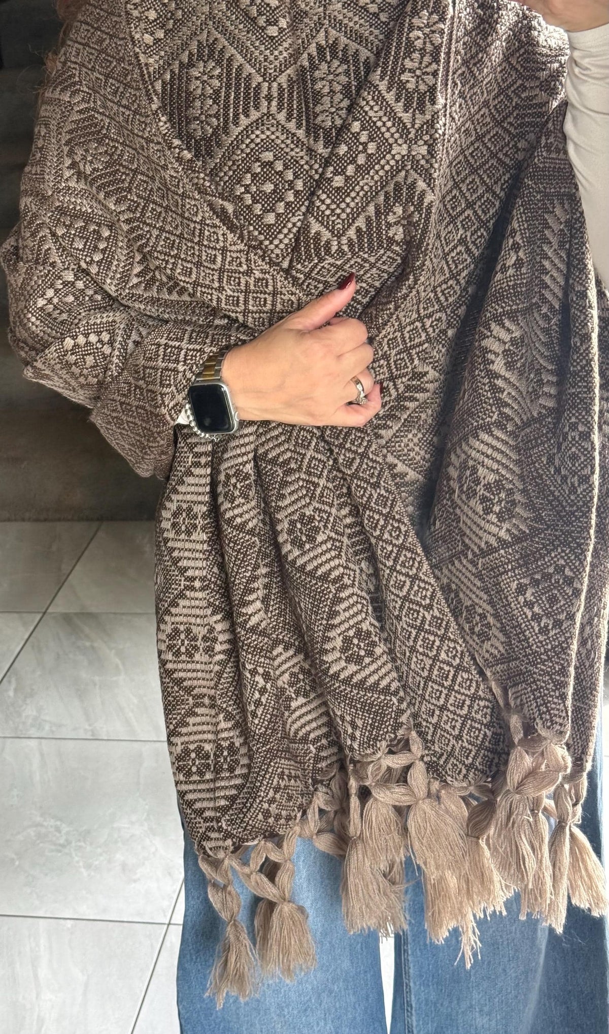 Mexican Rebozo with Pechera – Khaki | Dark Brown | Shawl from Puebla | 80×28 in | CasaArtMex