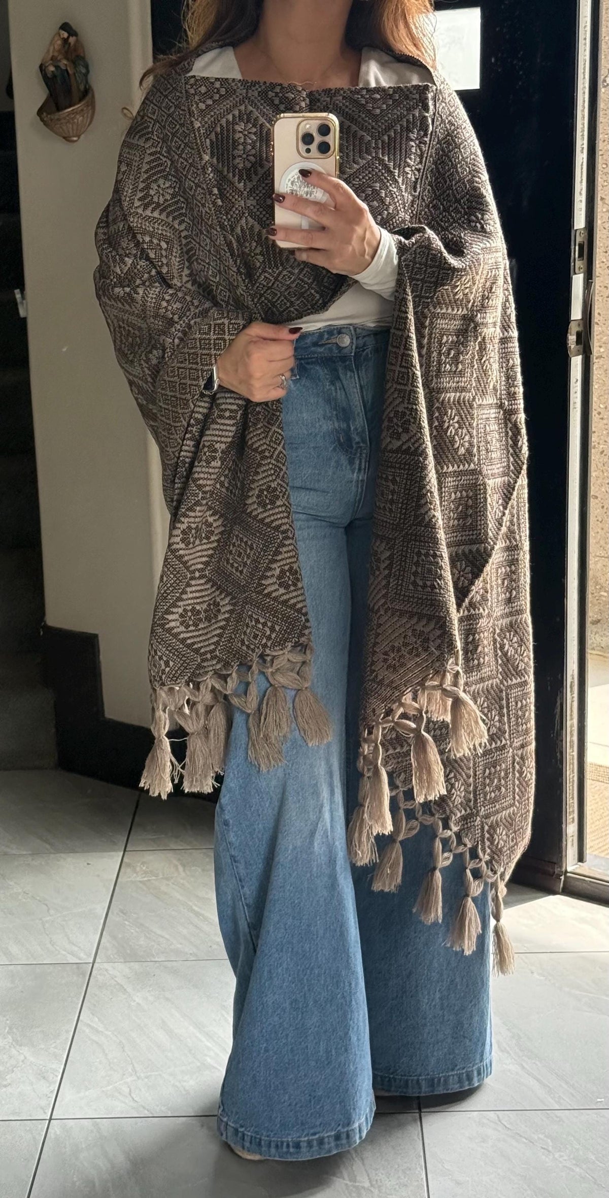 Mexican Rebozo with Pechera – Khaki | Dark Brown | Shawl from Puebla | 80×28 in | CasaArtMex