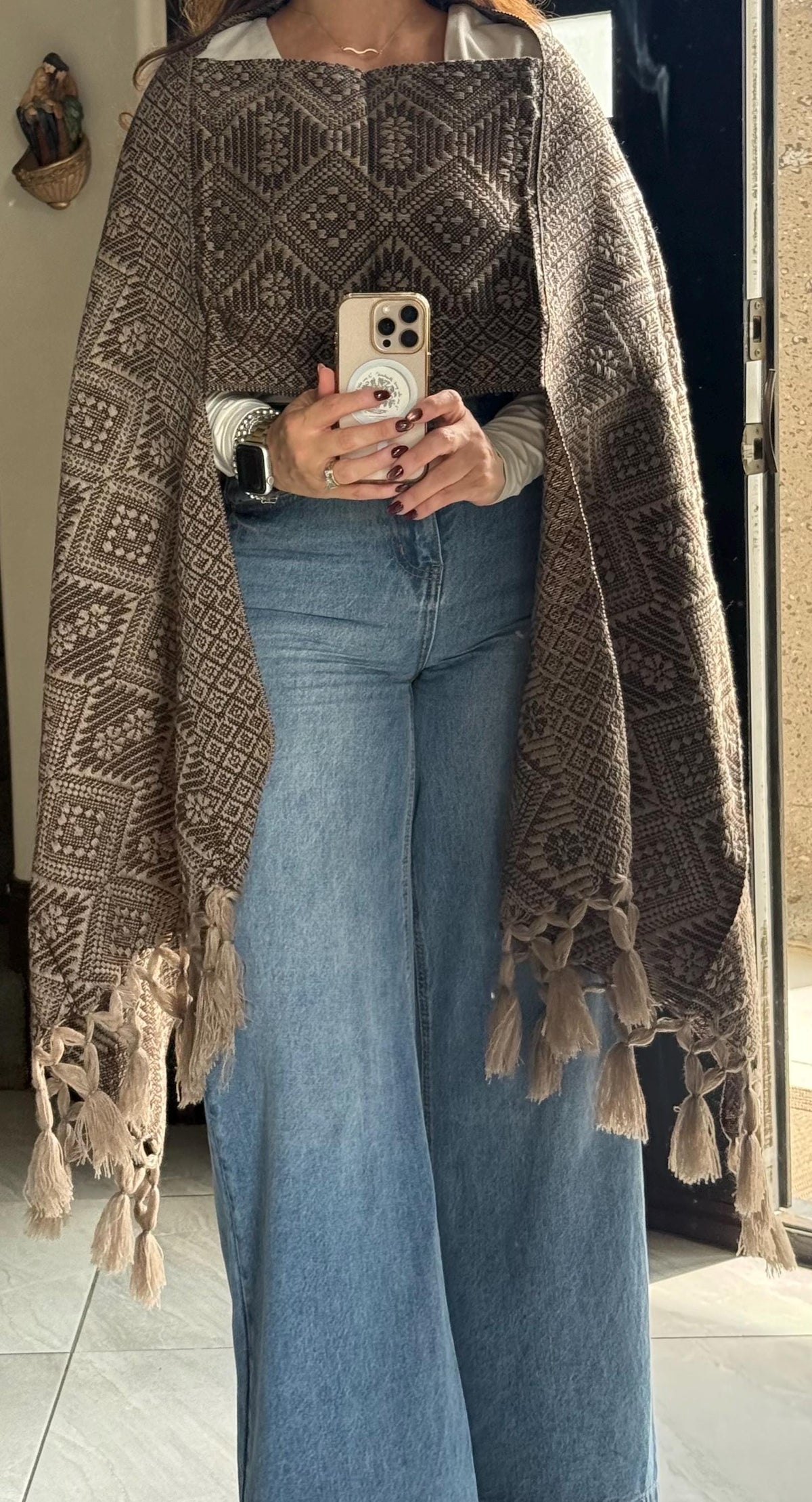 Mexican Rebozo with Pechera – Khaki | Dark Brown | Shawl from Puebla | 80×28 in | CasaArtMex