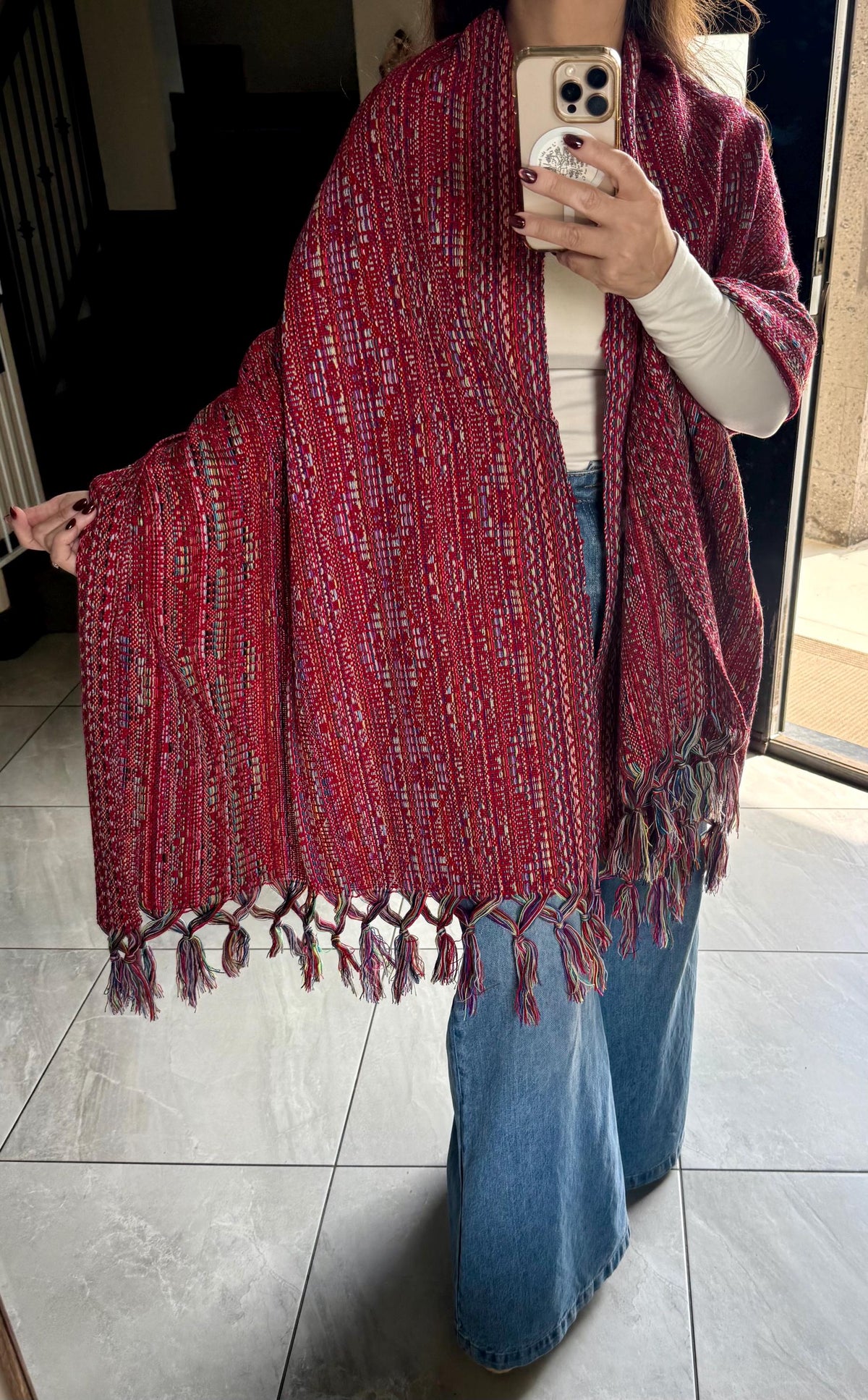 Mexican Rebozo – Multicolor | Red | Shawl from Puebla | 80×28 in | CasaArtMex