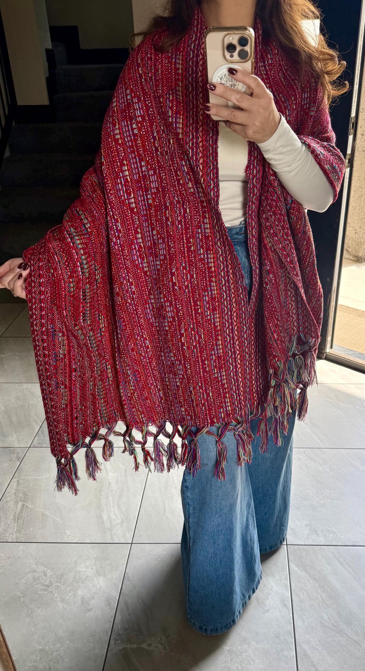 Mexican Rebozo – Multicolor | Red | Shawl from Puebla | 80×28 in | CasaArtMex