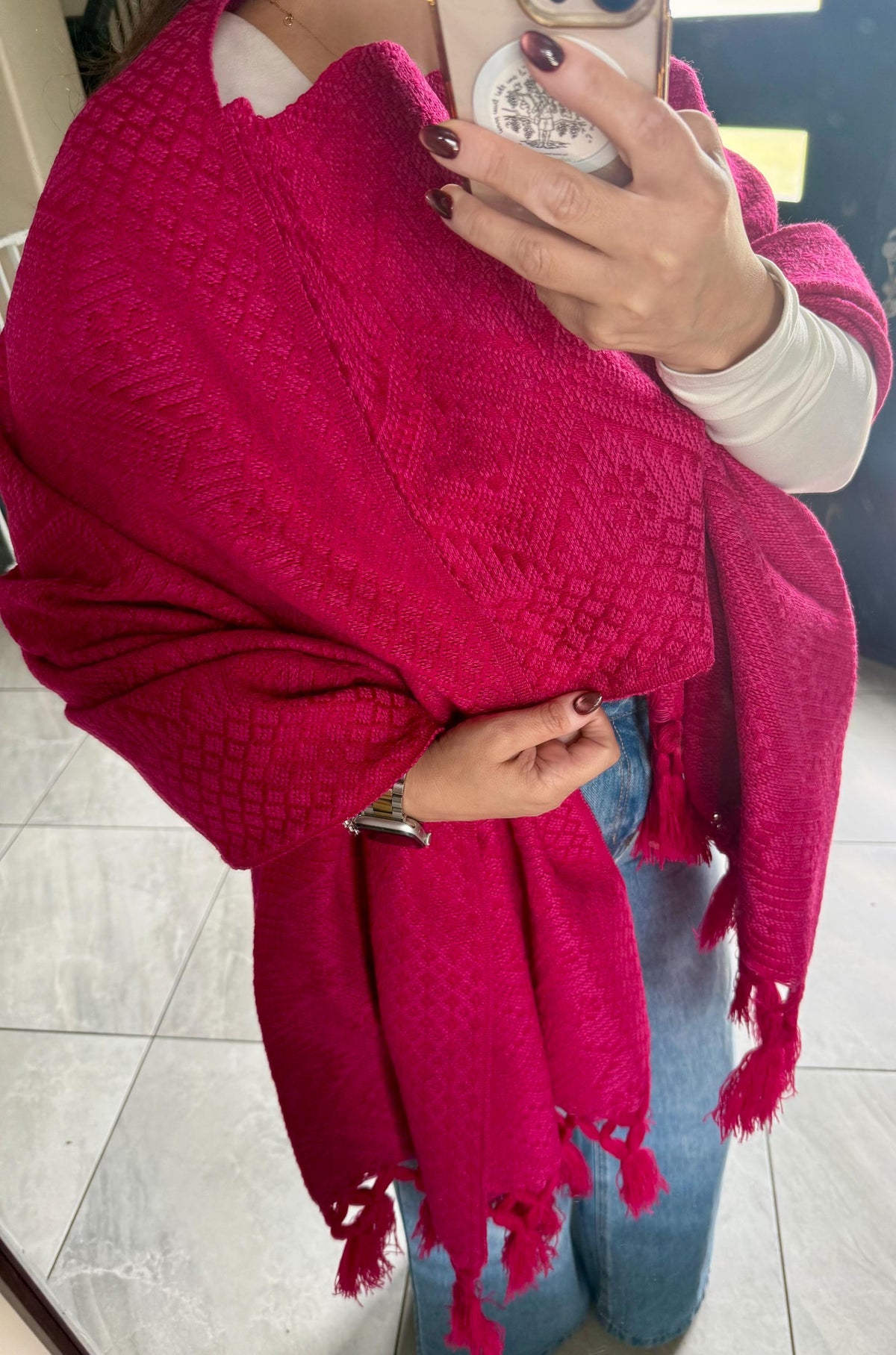 Mexican Rebozo with Pechera – Pink | Magenta | Shawl from Puebla | 80×28 in | CasaArtMex