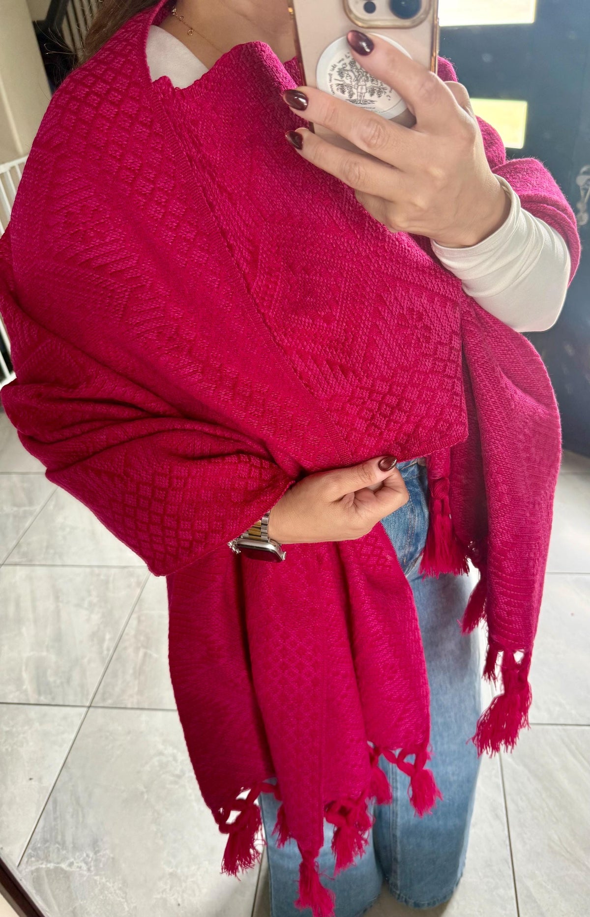 Mexican Rebozo with Pechera – Pink | Magenta | Shawl from Puebla | 80×28 in | CasaArtMex