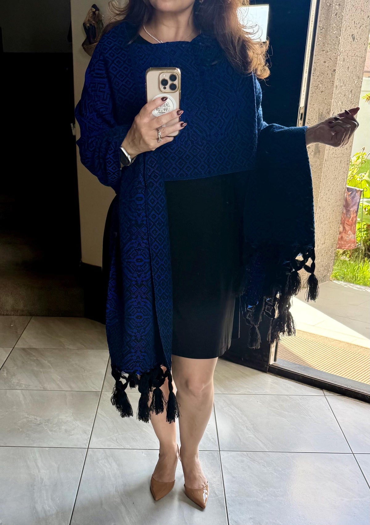 Mexican Rebozo with Pechera – Black | Royal Blue | Shawl from Puebla | 80×28 in | CasaArtMex