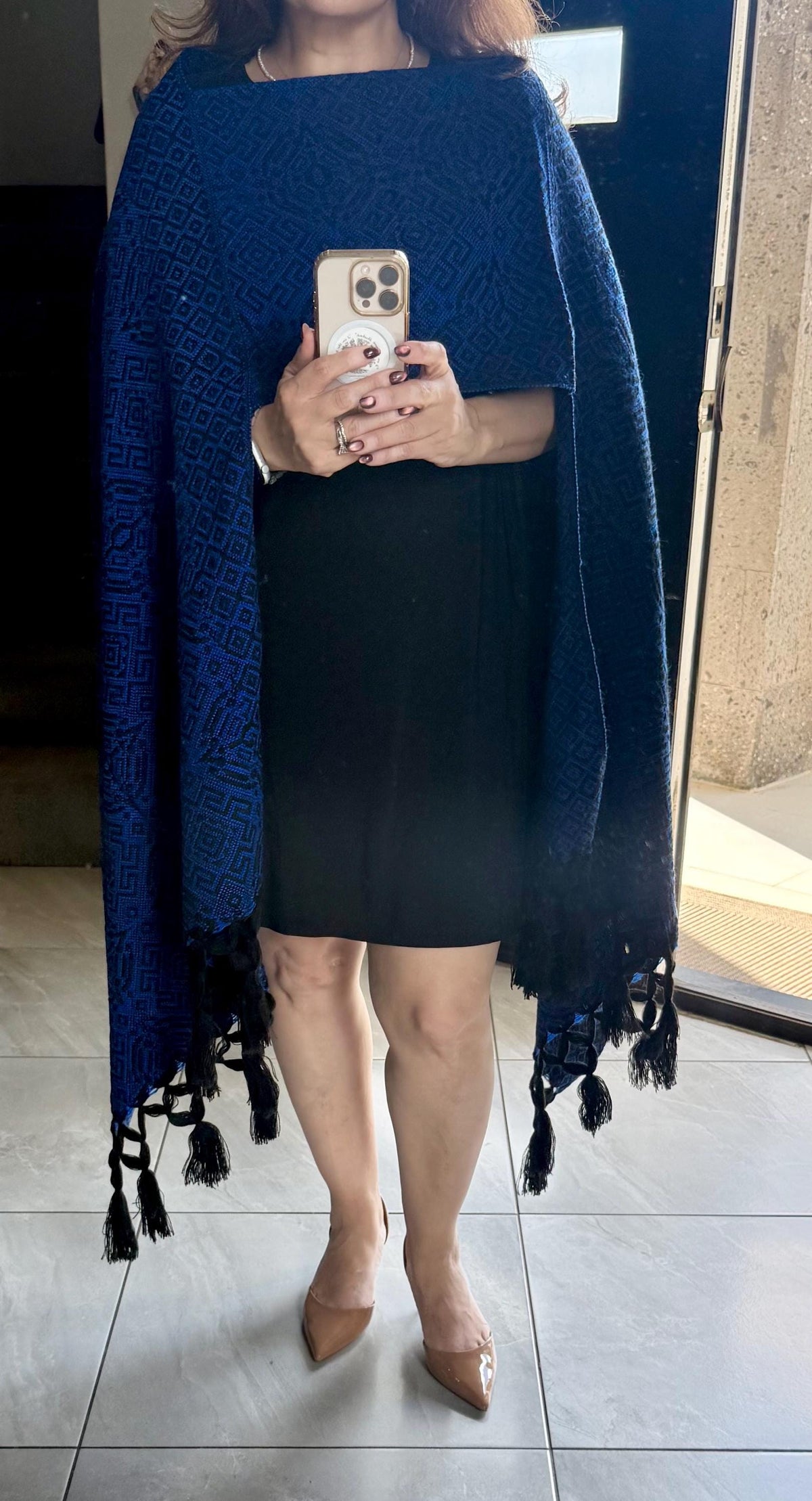 Mexican Rebozo with Pechera – Black | Royal Blue | Shawl from Puebla | 80×28 in | CasaArtMex